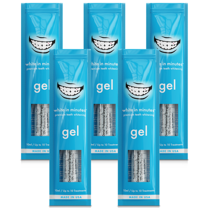 Five White in Minutes® 22% carbamide peroxide teeth whitening gel syringes and retail packages arranged on a white background, designed for use with whitening trays.