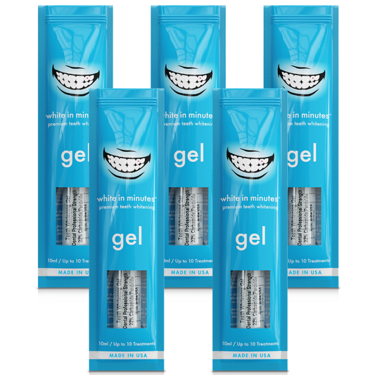 Five White in Minutes® 22% carbamide peroxide teeth whitening gel syringes and retail packages arranged on a white background, designed for use with whitening trays.