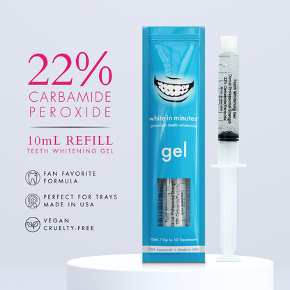 White in Minutes 22% Carbamide Peroxide Teeth Whitening Gel refill featuring a 10mL whitening gel syringe and retail package on a light gray background. Fan Favorite Formula, vegan, cruelty-free, made in USA, designed for custom whitening trays.