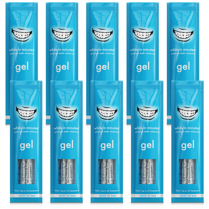 Ten White in Minutes® 22% carbamide peroxide teeth whitening gel syringes and packages shown together for tray whitening refill use.