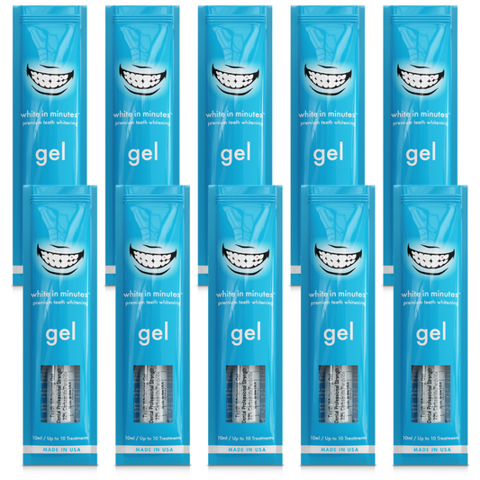 Ten White in Minutes® 22% carbamide peroxide teeth whitening gel syringes and packages shown together for tray whitening refill use.