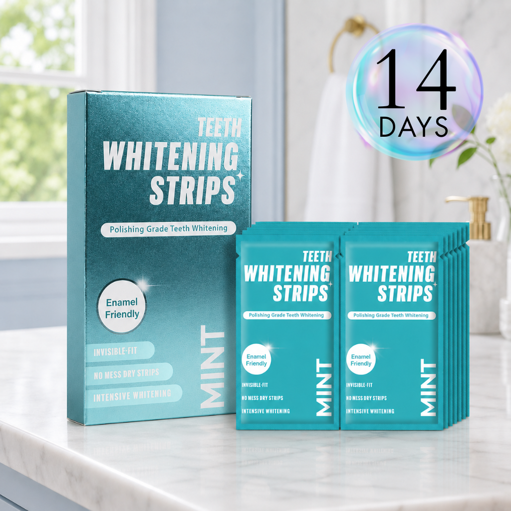 HP Teeth whitening strips kit displayed on a marble bathroom counter with a teal box and 14 individually wrapped strips neatly arranged in overlapping rows, styled in a clean, modern setting with soft natural light.