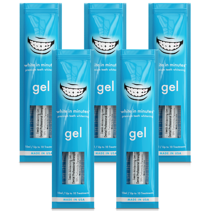Five White in Minutes® 35% carbamide peroxide teeth whitening gel syringes and retail packages arranged on a white background, designed for use with whitening trays.