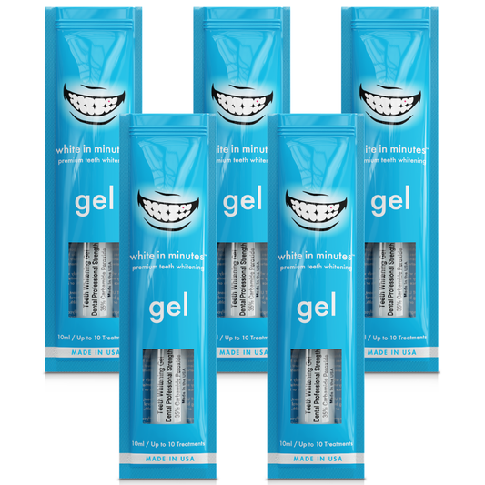 Five White in Minutes® 35% carbamide peroxide teeth whitening gel syringes and retail packages arranged on a white background, designed for use with whitening trays.