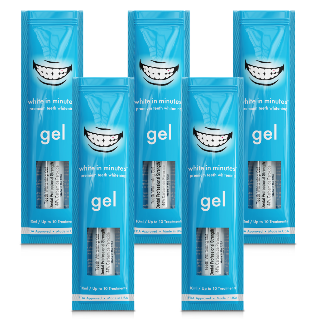 5 tubes of 44% carbamide peroxide teeth whitening gel in White in Minutes packaging