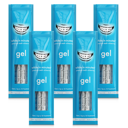5 tubes of 44% carbamide peroxide teeth whitening gel in White in Minutes packaging