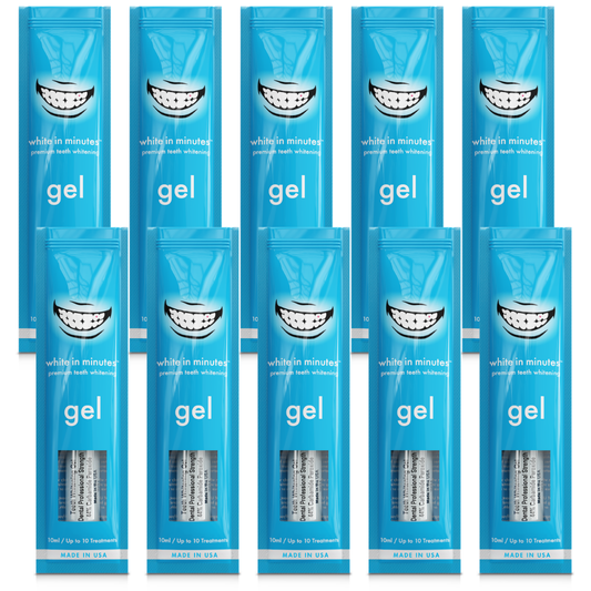 Ten White in Minutes® 44% carbamide peroxide teeth whitening gel syringes and packages shown together for tray whitening refill use.