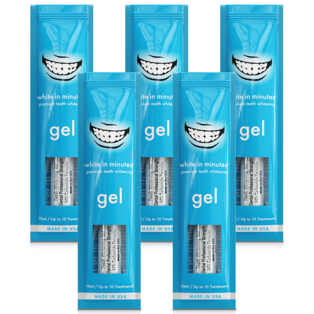 Five White in Minutes® 44% carbamide peroxide teeth whitening gel syringes and retail packages arranged on a white background, designed for use with whitening trays.
