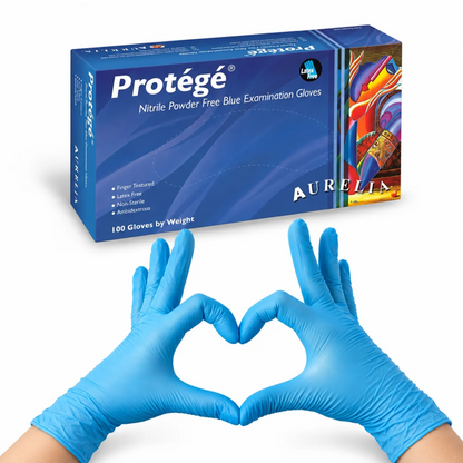 Aurelia Protégé blue nitrile powder-free examination gloves box with blue-gloved hands forming a heart shape.