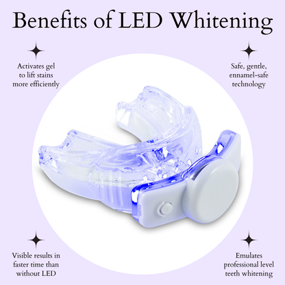 LED teeth whitening device with text highlighting benefits on a light purple background