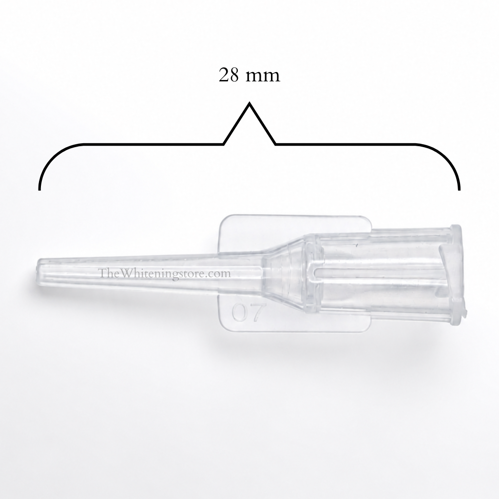 Clear dental tool with measurement label '28 mm' on a white background