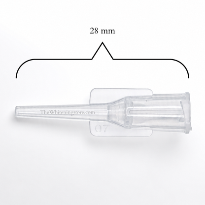 Clear dental tool with measurement label '28 mm' on a white background