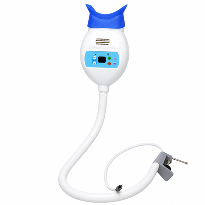 Professional clamp-on blue LED teeth whitening lamp with flexible positioning arm and digital timer controls.