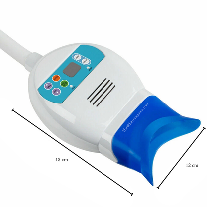 Professional blue LED teeth whitening lamp dimensions showing compact 18 cm by 12 cm design for dental offices, salons, and whitening studios.