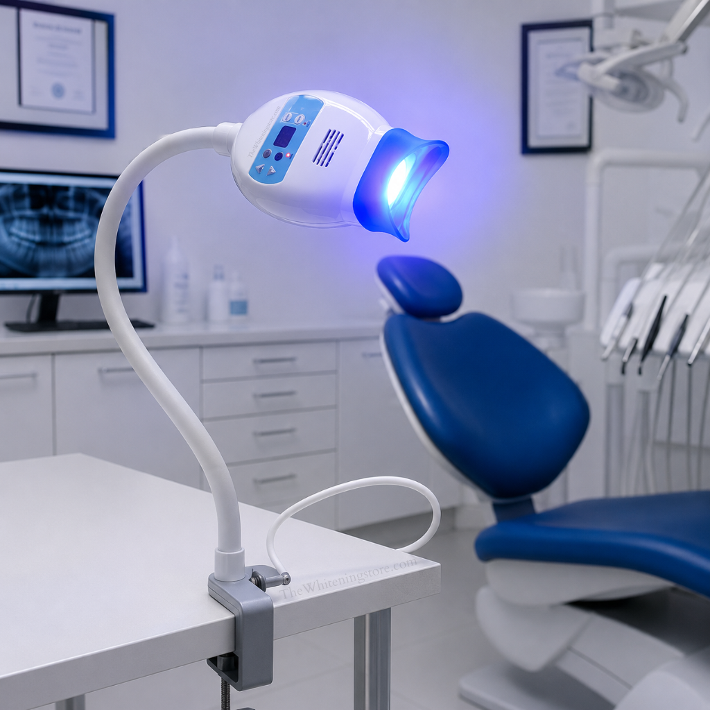 Blue LED teeth whitening lamp clamped to a treatment table in a modern dental office, positioned beside a dental chair and illuminated for professional teeth whitening treatments.