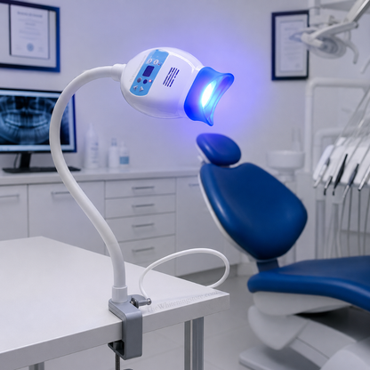 Blue LED teeth whitening lamp clamped to a treatment table in a modern dental office, positioned beside a dental chair and illuminated for professional teeth whitening treatments.