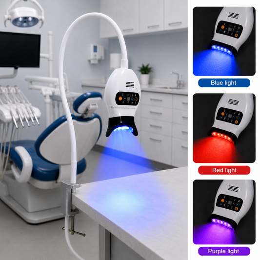 Clip30 teeth whitening lamp placed on a dental treatment room, displaying LED colors and clamping feature on white background.