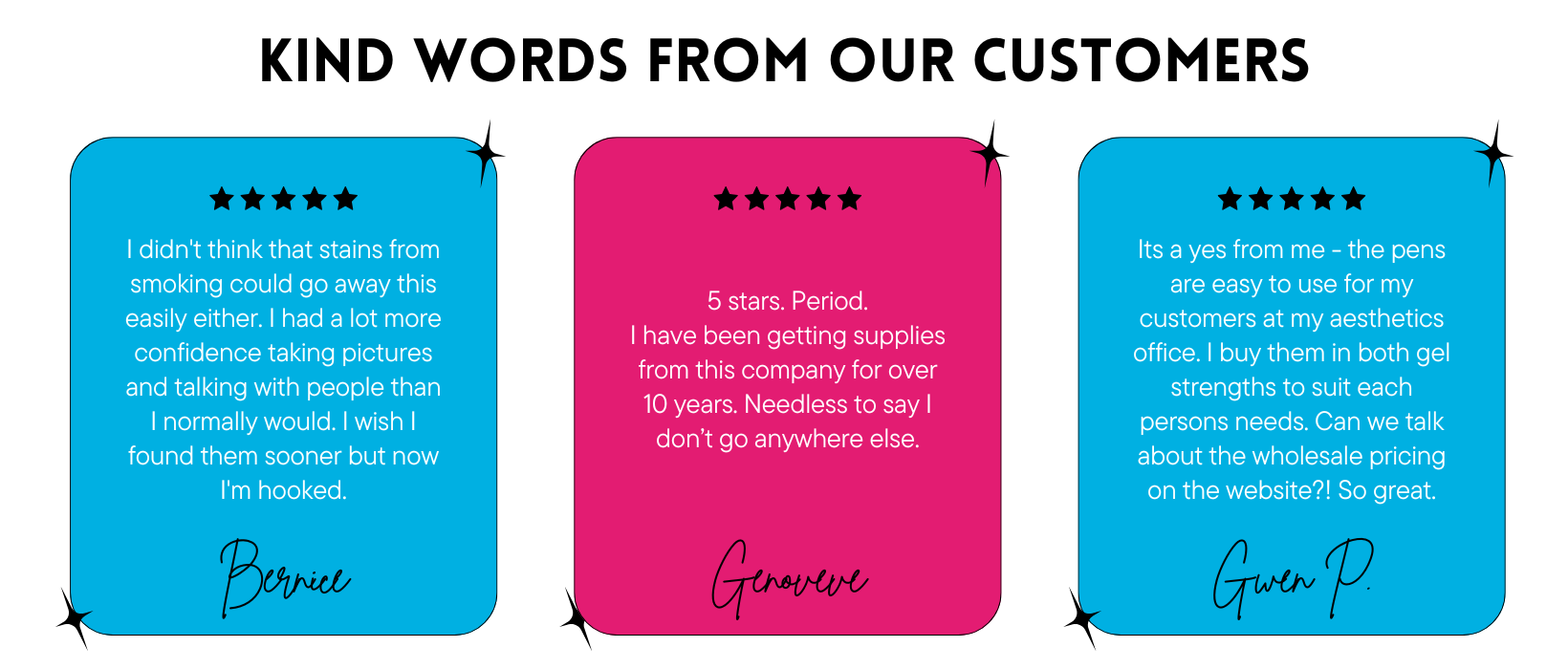 Three reviews from customers on a blue and pink background with star ratings.