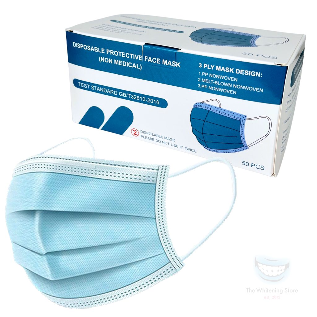Blue disposable 3-ply protective face mask with ear loops shown beside a 50-count box. Packaging identifies the masks as non-medical, single-use protective face masks made with layered nonwoven materials.