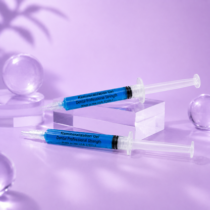 Two White in Minutes® Remineralizing Gel syringes displayed on clear acrylic blocks against a soft lavender background with reflective accents, showcasing professional-strength enamel remineralization gel.