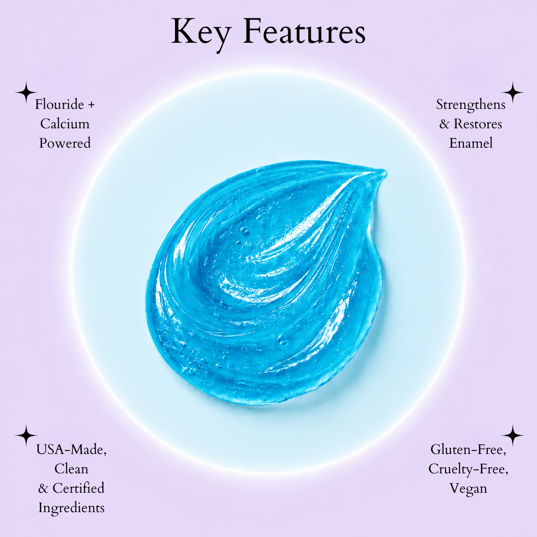 Close-up of a glossy blue remineralizing gel swirl on a soft blue circle with lavender bachground with text highlighting key features: fluoride and calcium powered, strengthens and restores enamel, USA-made clean ingredients, and vegan, cruelty-free, gluten-free formula.
