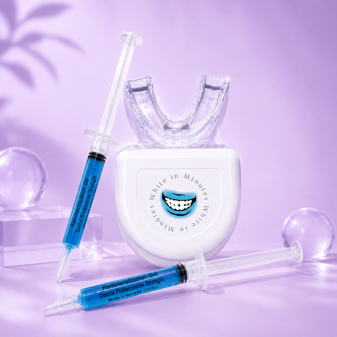 Image of tooth remineralizing kit on lavender background including two 3mL syringes with blue remineralizing gel, a clear mouth tray, and a tray case.
