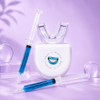 Image of tooth remineralizing kit on lavender background including two 3mL syringes with blue remineralizing gel, a clear mouth tray, and a tray case.