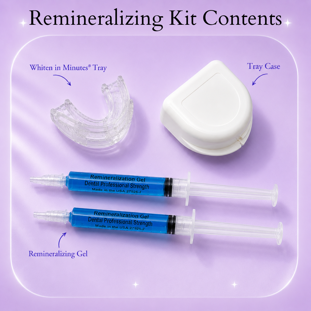 Remineralizing kit contents flat lay with trays, gel, and case on a purple background.