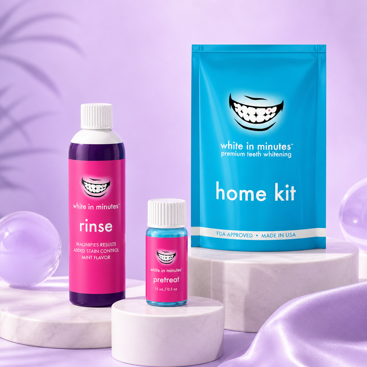 White in Minutes Everyday Radiance Set displayed on soft lavender background with pretreat bottle, home whitening kit, and purple rinse arranged on elevated pedestals in a clean, modern product scene.