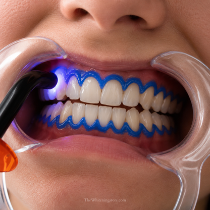Close-up of a patient's mouth with blue gingival barrier resin applied along the upper and lower gumline during a professional teeth whitening procedure, with cheek retractors and a curing light visible.