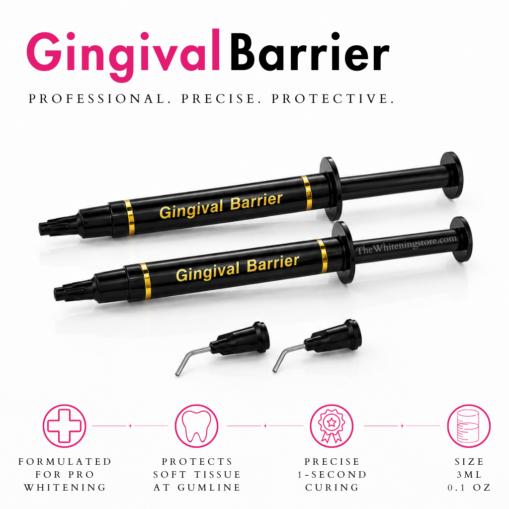 rofessional gingival barrier gel syringes with application tips, designed to protect gum tissue during teeth whitening treatments, with product features displayed below.