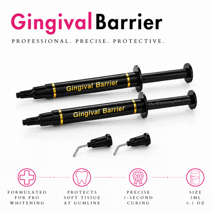 rofessional gingival barrier gel syringes with application tips, designed to protect gum tissue during teeth whitening treatments, with product features displayed below.