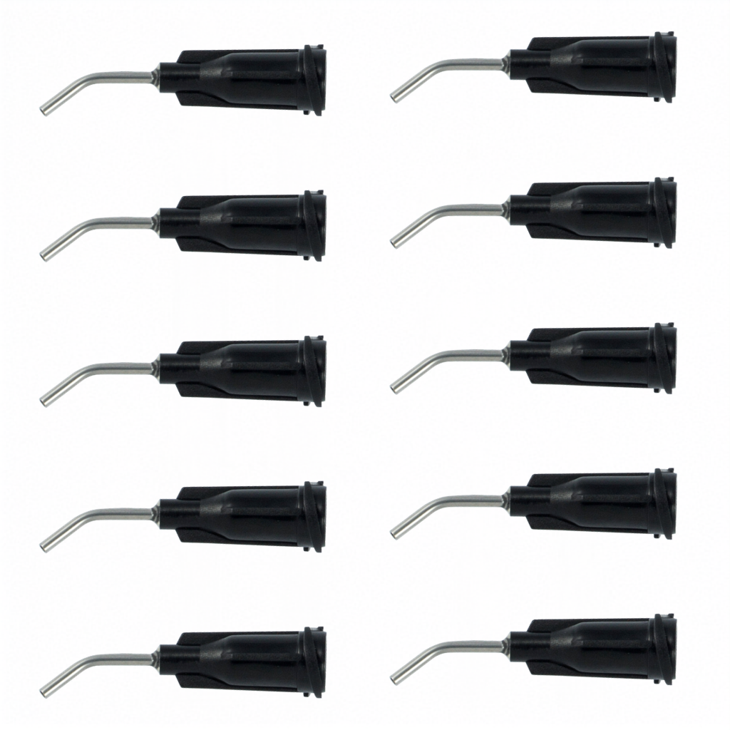 Ten black gingival barrier syringe tips arranged in two columns on a white background, each featuring a narrow angled metal applicator tip designed for precise placement of light-cured gingival barrier gel during professional teeth whitening treatments.