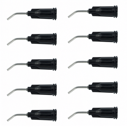 Ten black gingival barrier syringe tips arranged in two columns on a white background, each featuring a narrow angled metal applicator tip designed for precise placement of light-cured gingival barrier gel during professional teeth whitening treatments.