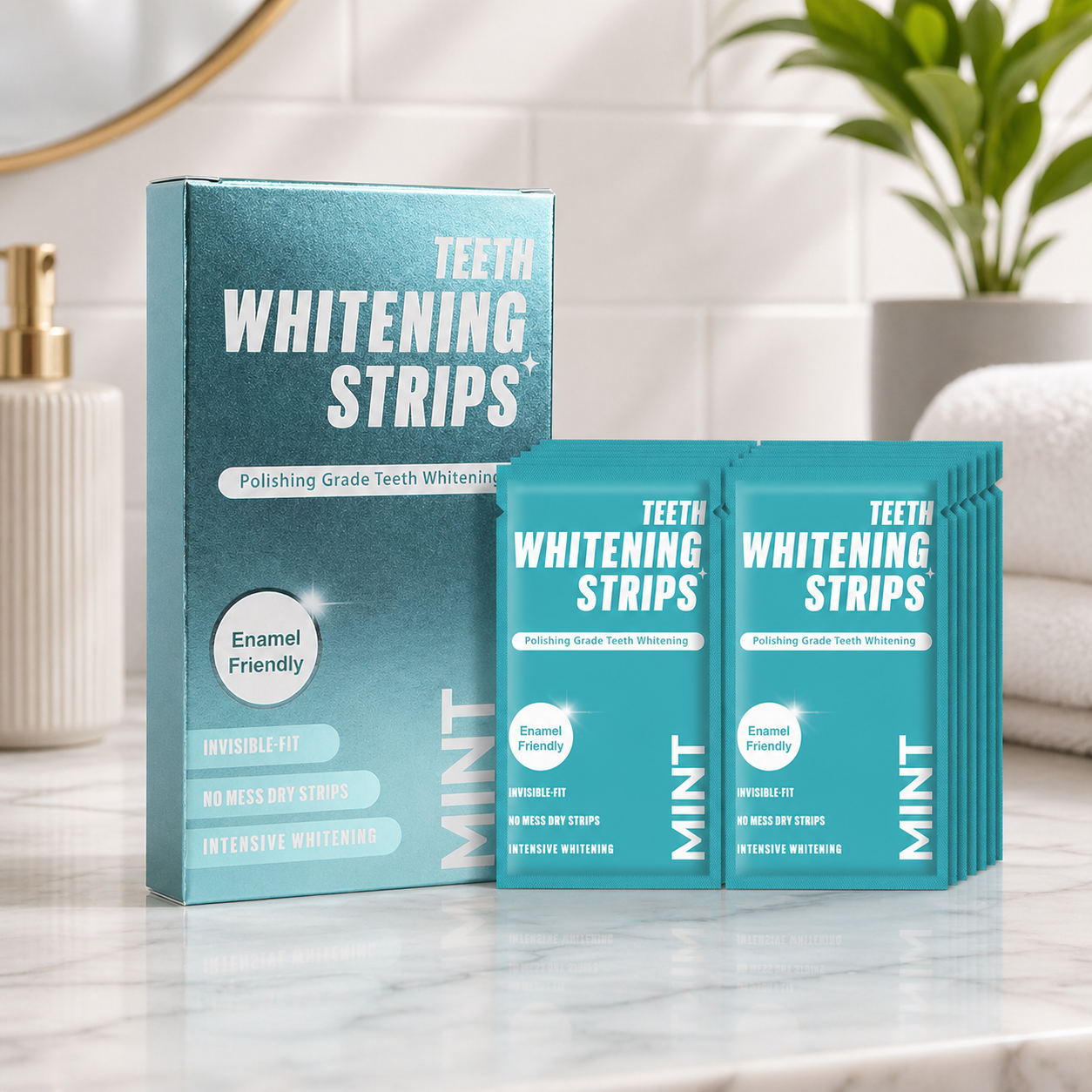 HP Teeth whitening strips kit displayed on a marble bathroom counter with a teal box and 14 individually wrapped strips neatly arranged in overlapping rows, styled in a clean, modern setting with soft natural light.