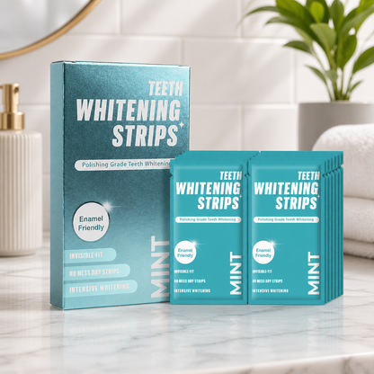 HP Teeth whitening strips kit displayed on a marble bathroom counter with a teal box and 14 individually wrapped strips neatly arranged in overlapping rows, styled in a clean, modern setting with soft natural light.