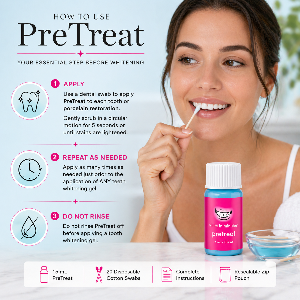 Woman applying White in Minutes PreTreat to teeth with a cotton swab, demonstrating how to use the stain-lifting pre-whitening treatment.