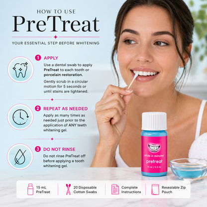 Woman applying White in Minutes PreTreat to teeth with a cotton swab, demonstrating how to use the stain-lifting pre-whitening treatment.