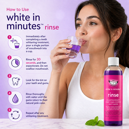 Woman using White in Minutes purple whitening mouthwash, rinsing from a glass cup, with step-by-step instructions for post-teeth whitening use.