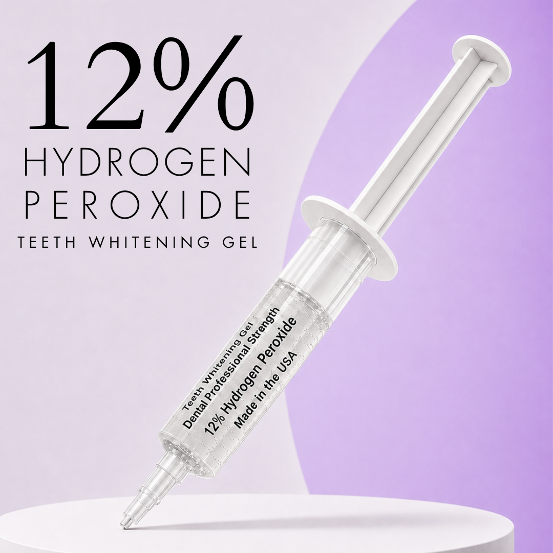 A clear 10 mL syringe of White in Minutes® 12% hydrogen peroxide professional teeth whitening gel is displayed diagonally over a soft lavender and white background, with large text reading “12% Hydrogen Peroxide Teeth Whitening Gel.”