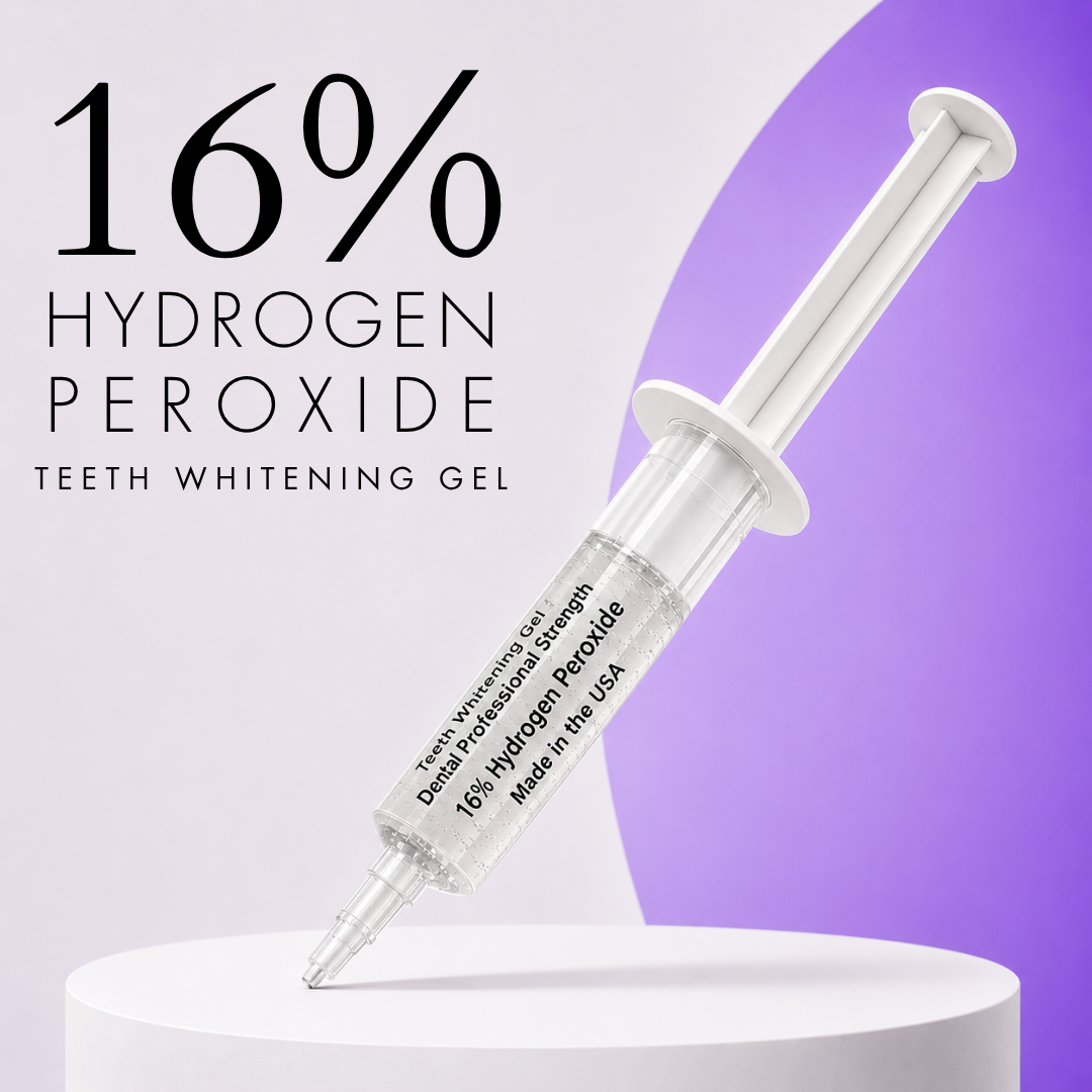 A clear 10 mL syringe of White in Minutes® 16% hydrogen peroxide professional teeth whitening gel is displayed diagonally on a white pedestal against a soft lavender and white background, with large text reading “16% Hydrogen Peroxide Teeth Whitening Gel.”