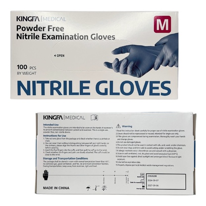 Kingfa nitrile gloves box/packaging - box of 100 blue nitrile gloves in size medium. 