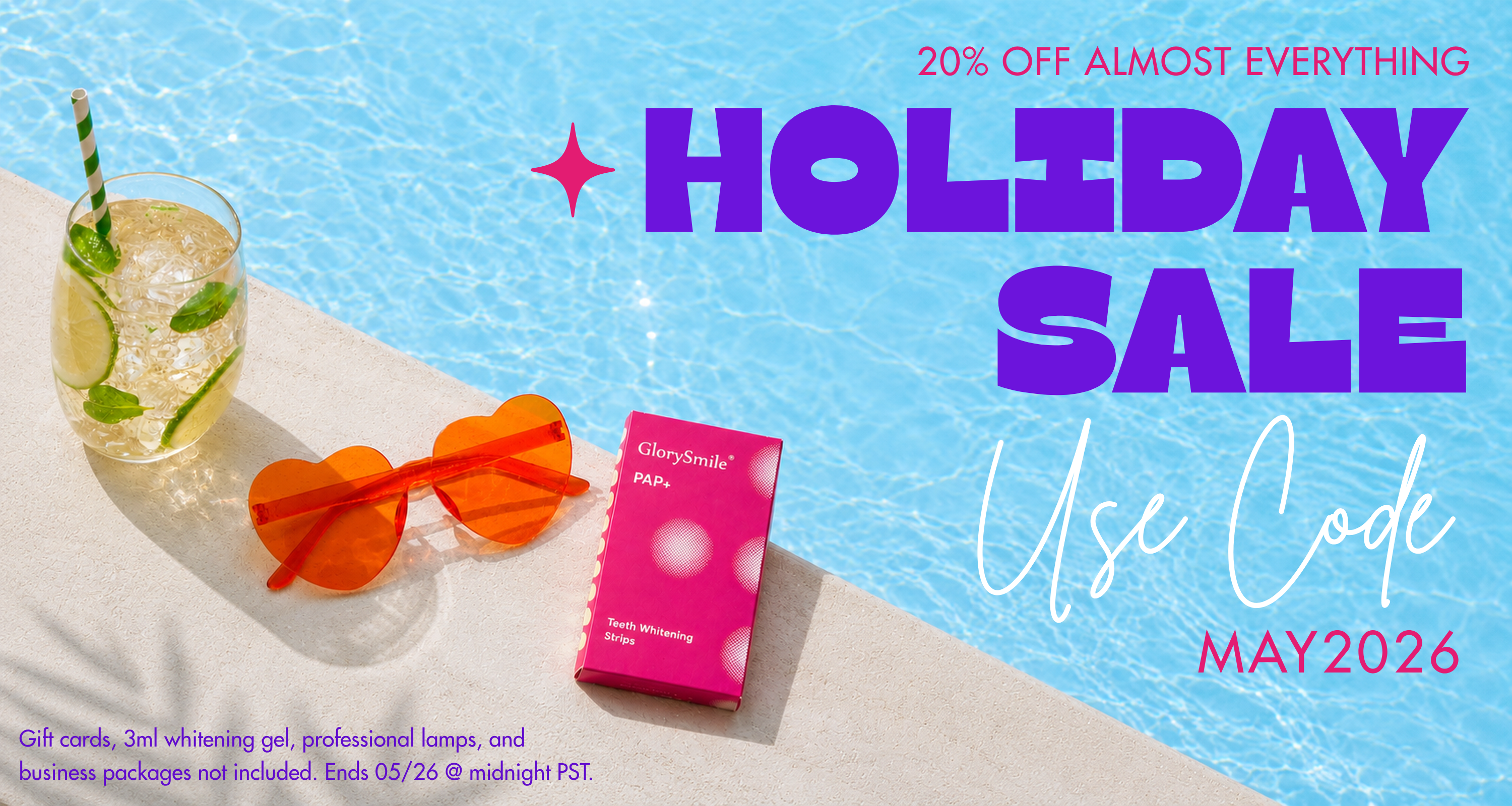 Poolside Memorial Day sale banner for The Whitening Store featuring a bright blue swimming pool, citrus drink, orange heart-shaped sunglasses, and GlorySmile PAP+ teeth whitening strips box with “Holiday Sale” and “20% Off Almost Everything” promotional text.
