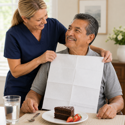 Female caregiver in blue scrubs helping an man apply a disposable clothing protector bib while seated at a dining table with chocolate cake and strawberries in a bright home care setting.
