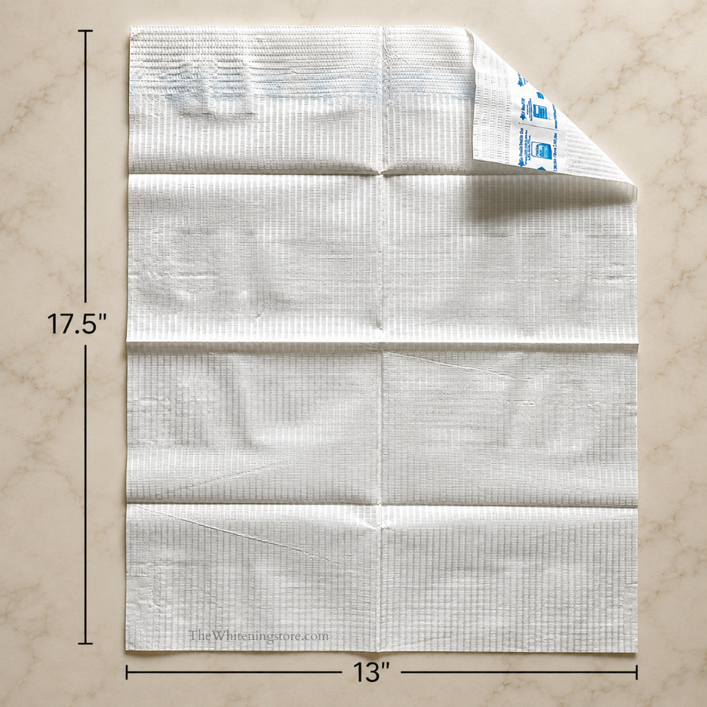 Disposable dental bib laid flat on a soft marble countertop with visible adhesive corner flap, textured embossed surface, and labeled dimensions of 13 inches wide by 17.5 inches tall.