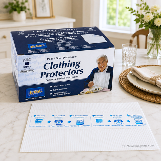 Napkleen disposable clothing protectors box and adhesive bib displayed on a light marble kitchen countertop in a bright dining room setting with tableware and flowers.