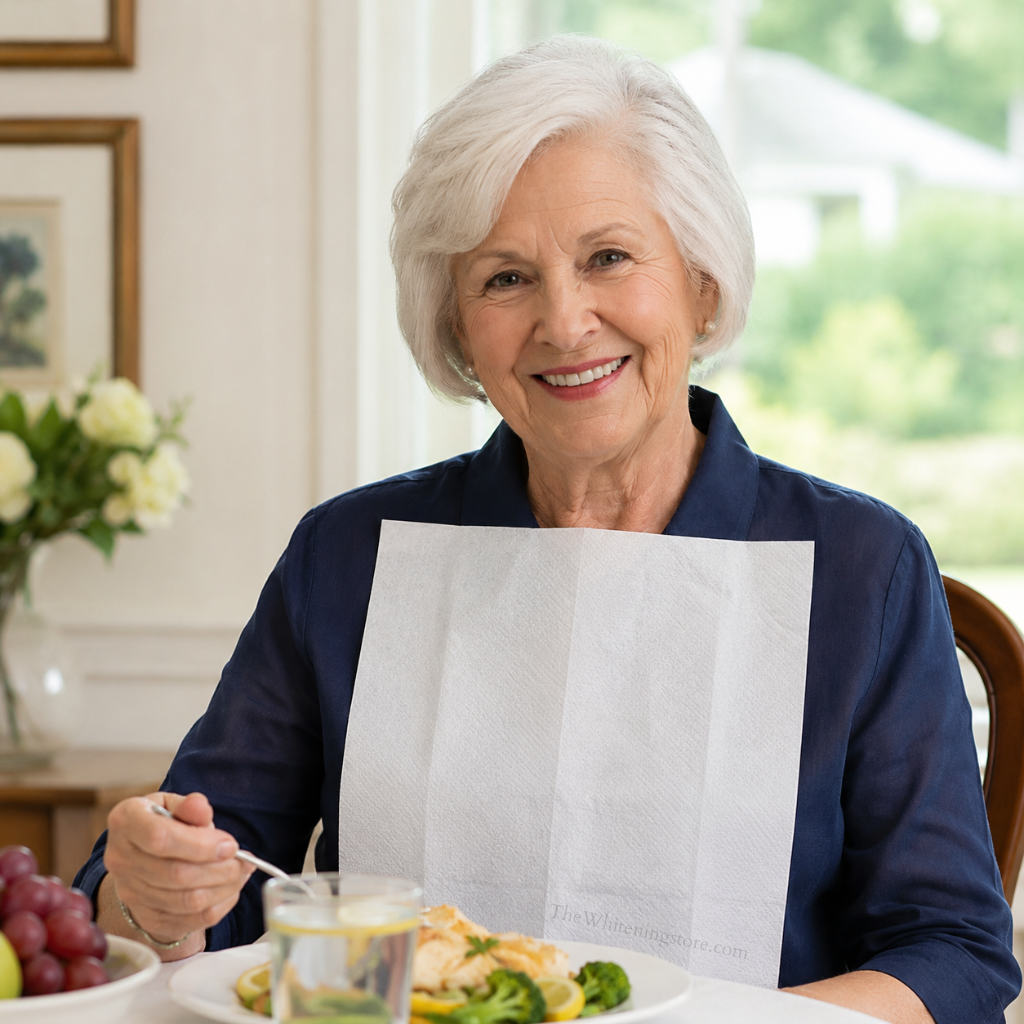 Senior woman sitting at a table wearing a self-adhesive Napkleen paper bib with a meal and a fork in her hand, smiling.