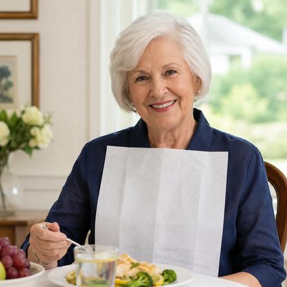 Senior woman sitting at a table wearing a self-adhesive Napkleen paper bib with a meal and a fork in her hand, smiling.