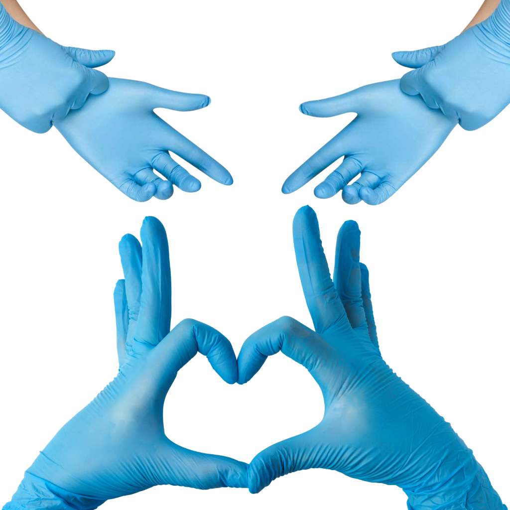 Blue nitrile gloves modeled on two separate sets of hands, one making a heart shape, the other slightly stretching over hands. 