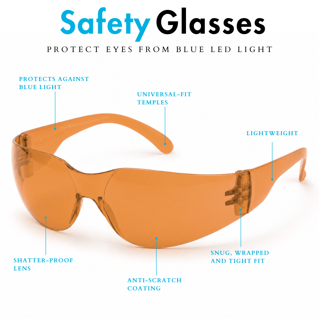 Orange wraparound protective teeth whitening safety glasses shown on a white background with labeled features including protection from blue LED light, universal-fit temples, lightweight construction, shatter-proof lens, anti-scratch coating, and a snug wrapped fit.